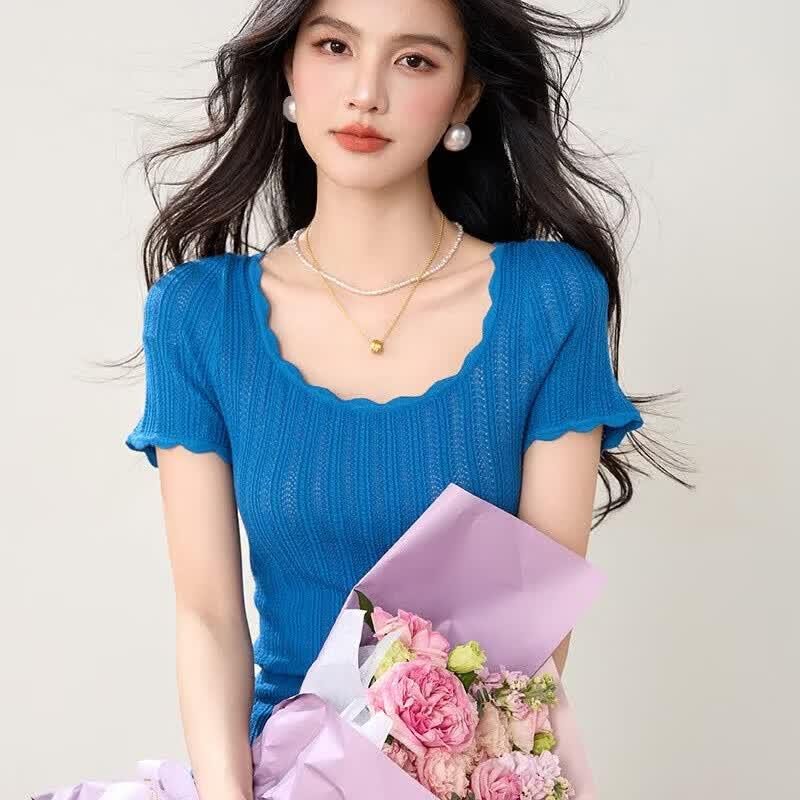 Klein Blue Lace U-Neck Knit Slim-Fit Top L