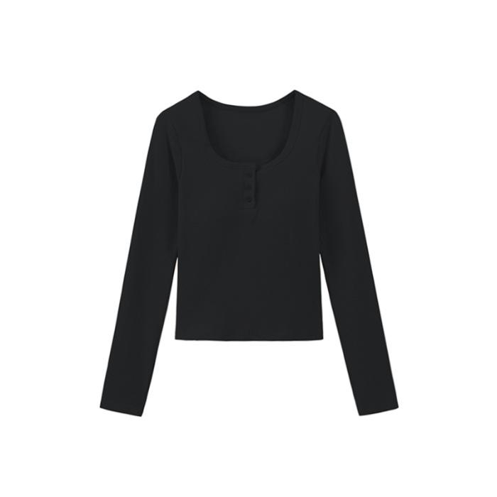 Women's Slim Fit Square Collar Long-Sleeved T-Shirt with Chest Pads for Autumn and Winter