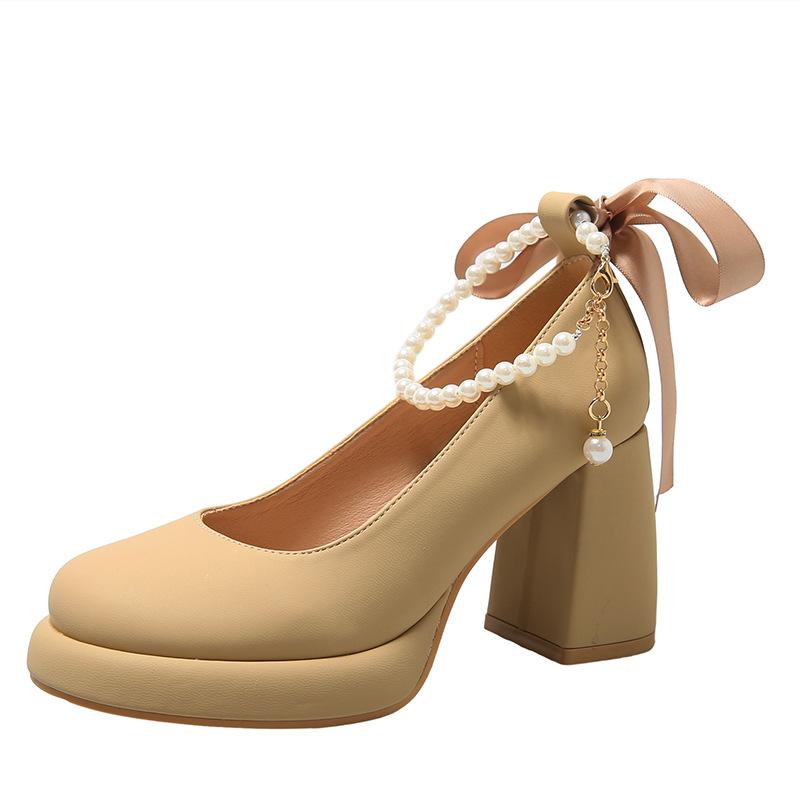 Soft Leather High Heels Women's Spring New Pearl French Thick Heel White Mary Jane Gentle Wind Light Mouth Single Shoes Women