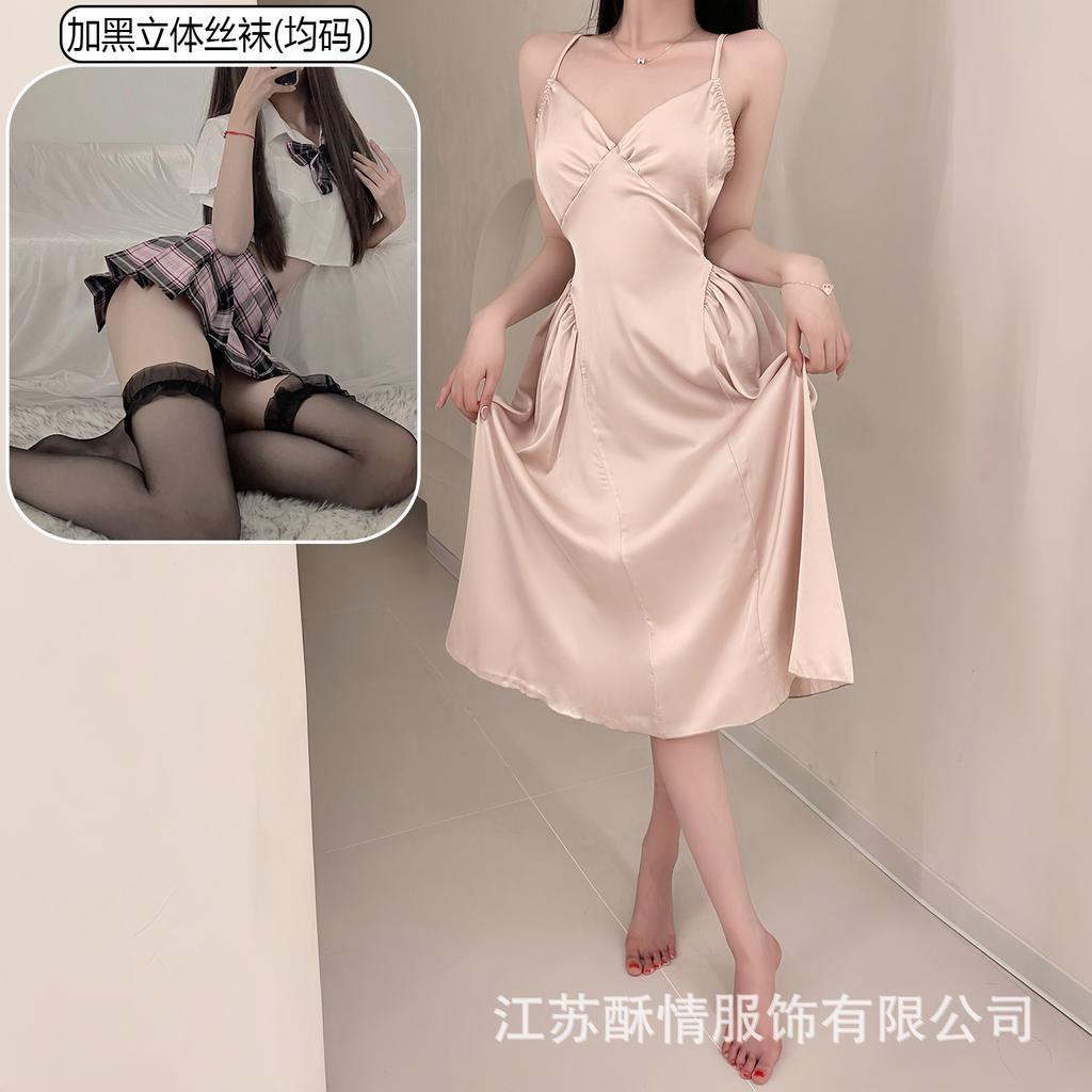 Crispy sexy suspender long hollow backless strap solid color low neck temptation casual nightdress home set