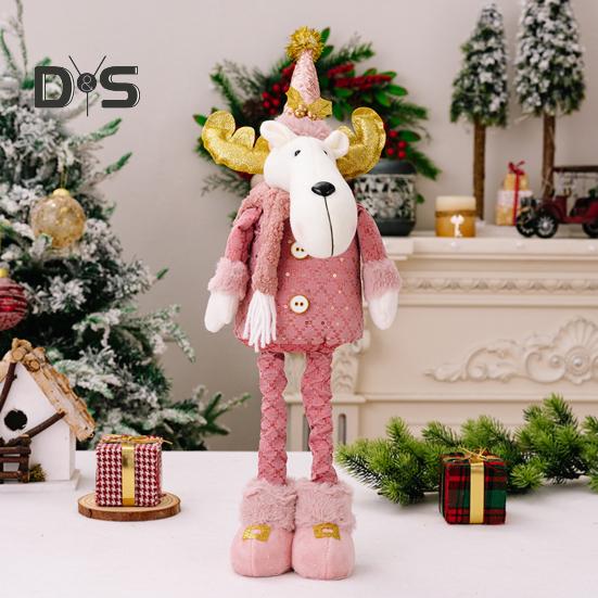 Christmas Plush Doll Telescopic Leg Elk Snowman Santa Claus Pink Doll Toy Desktop Figurine for Indoor/Outdoor Use Party Decor