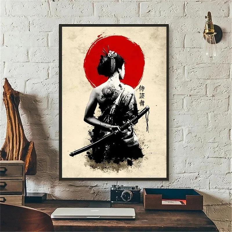 Vintage Ink Mural Modern Japanese Samurai Wall Art Poster Home Decor Picture Print Canvas Painting Living Room Light Decoration
