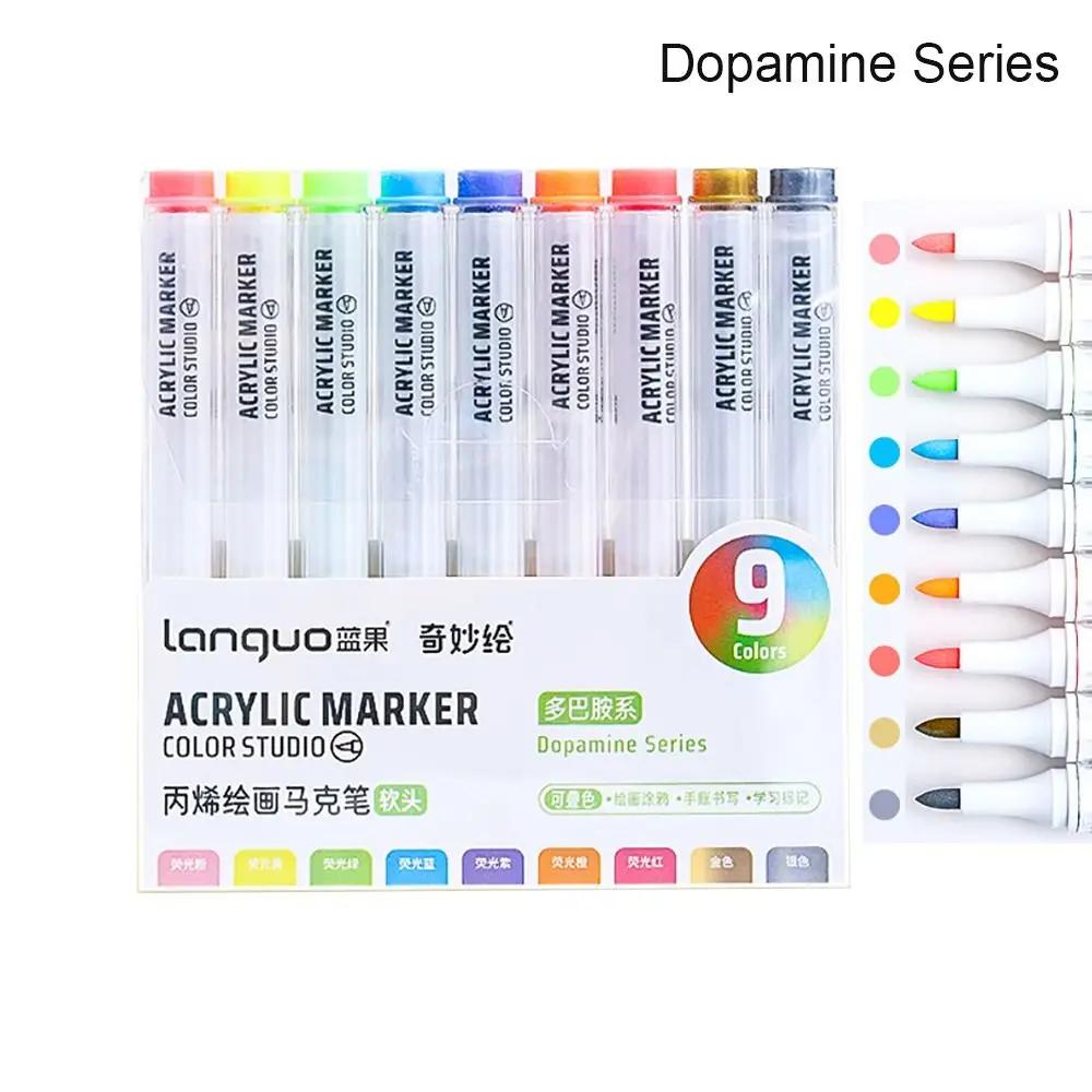9-kleuren Acryl Markeerpen Stapelbare Rechte Vloeibare Kleurpen Sneldrogend Vloeiend Schrijven Kunst Waterverf Pen Graffiti