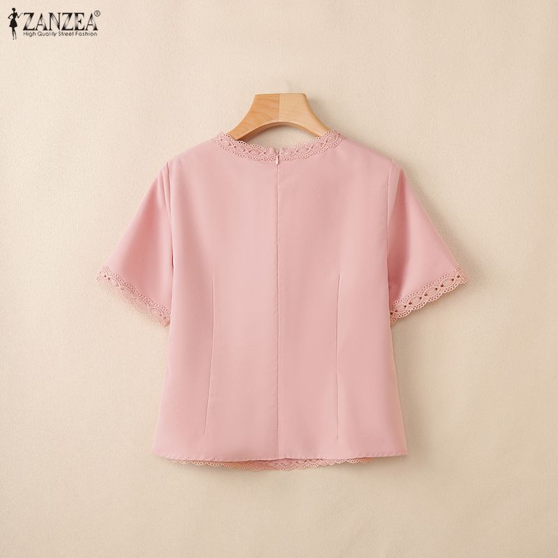 ZANZEA Women Lace Splice Round Neck Casual Short Sleeve Blouse