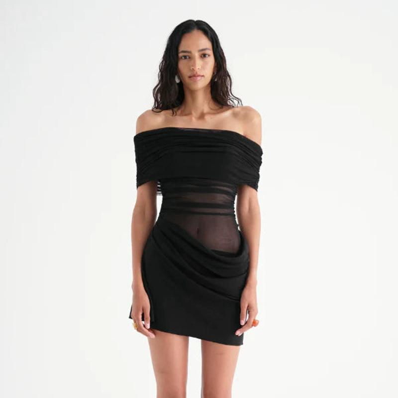 European and American summer new sexy one-word shoulder sexy hip skirt fashion mesh splicing slim dress