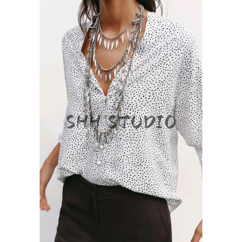 Autumn New Product Women clothes Casual Style Button Decoration V-neck Can Be Rolled up Sleeve Polka Dot Long sleeve Shirts 8038903
