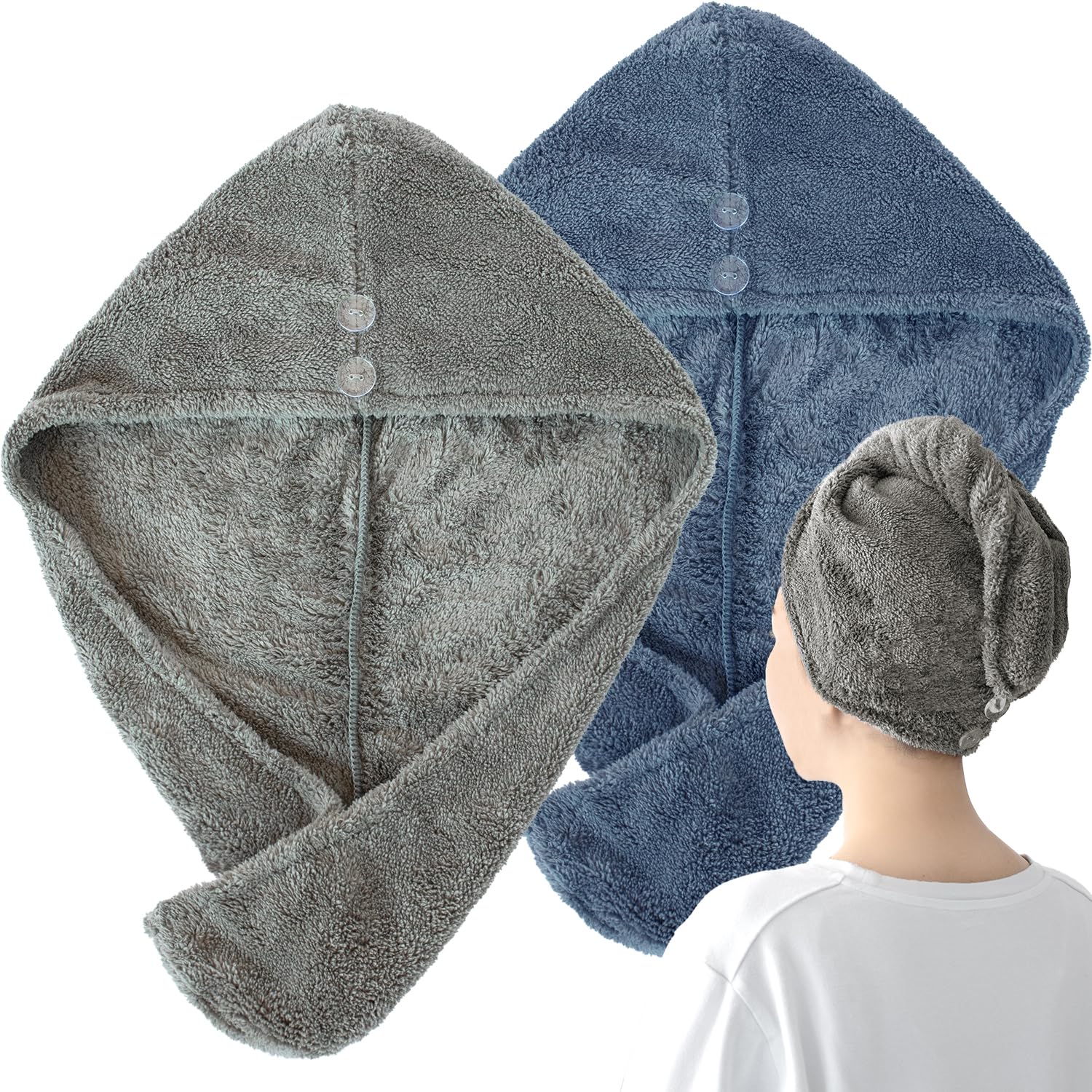 Bloom Hair Drying Cap Windless Hair Dryer Hair Fluffy Hair Towel Hair Drying Towel Gray x 2-Pack Turban, Microfiber, Absorbent, Cap, Cap, (Charcoal