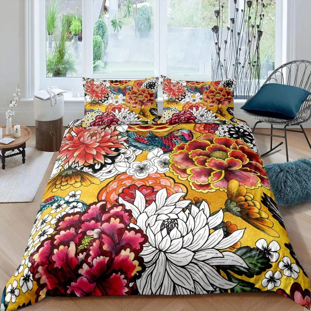 Pink Peony Duvet Cover Set Tulips Flowers Comforter Cover For Girls Women TwinFlorals Blossoms Botanical Plants Bedding Sets
