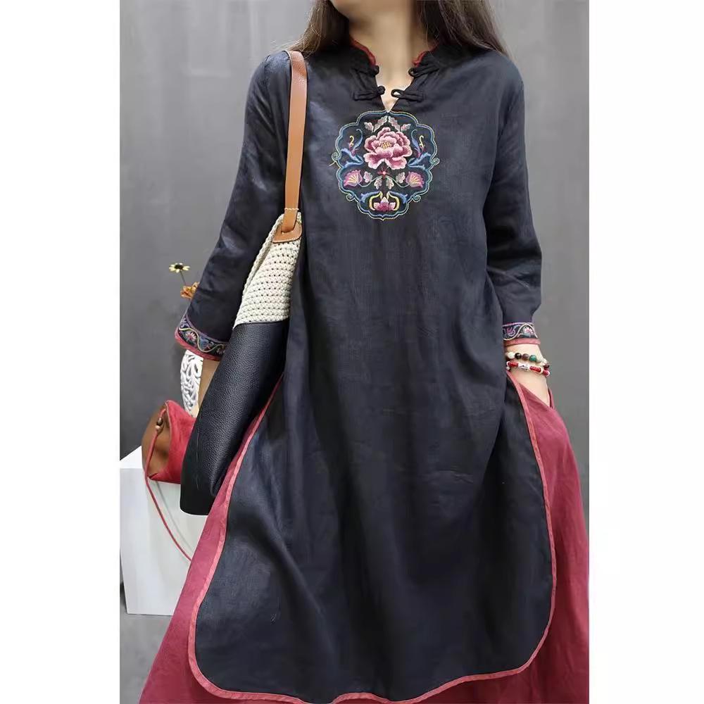 "Embroidered Cotton-Linen Cheongsam Summer Dress"
