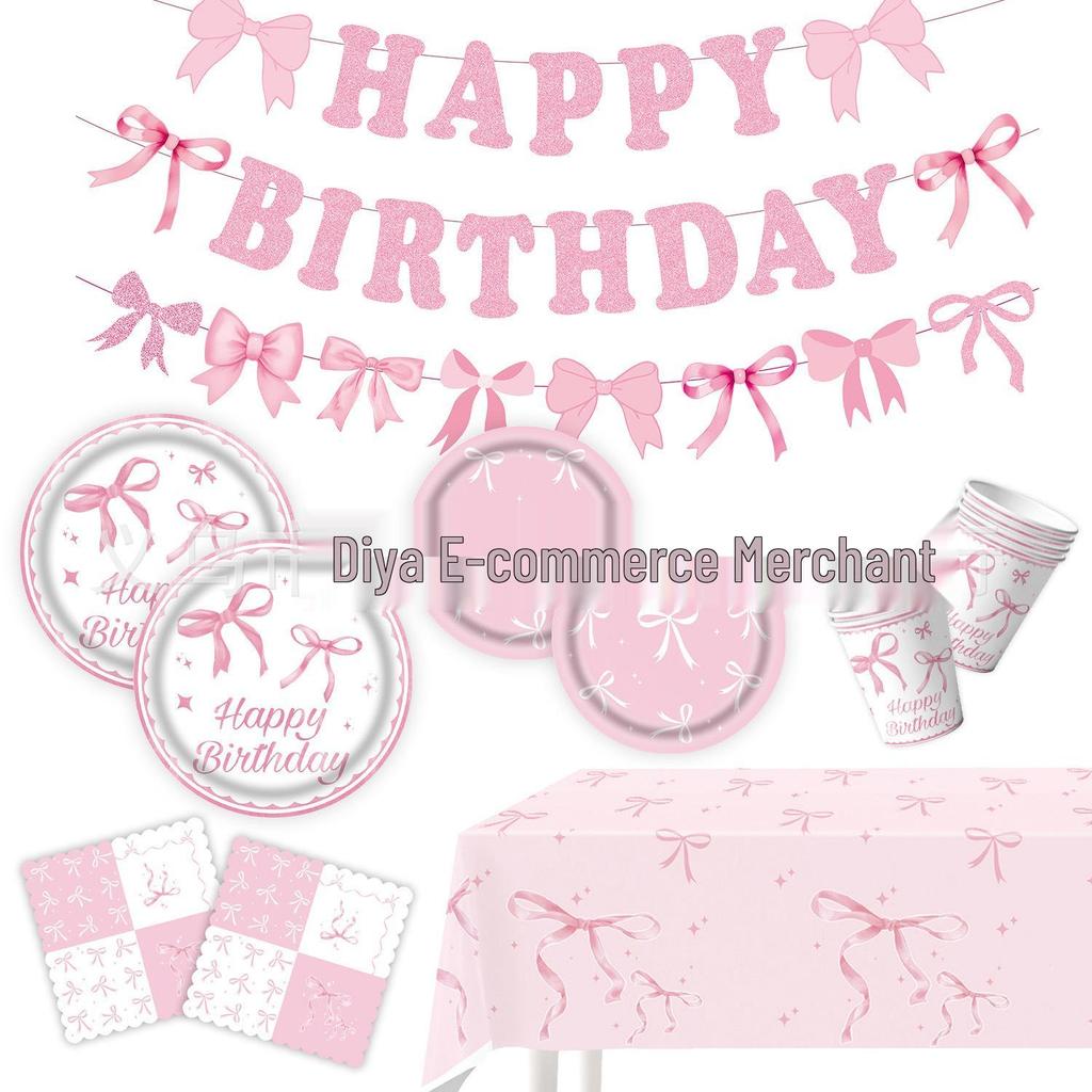 Pink Bow Birthday Party Disposable Tableware Set