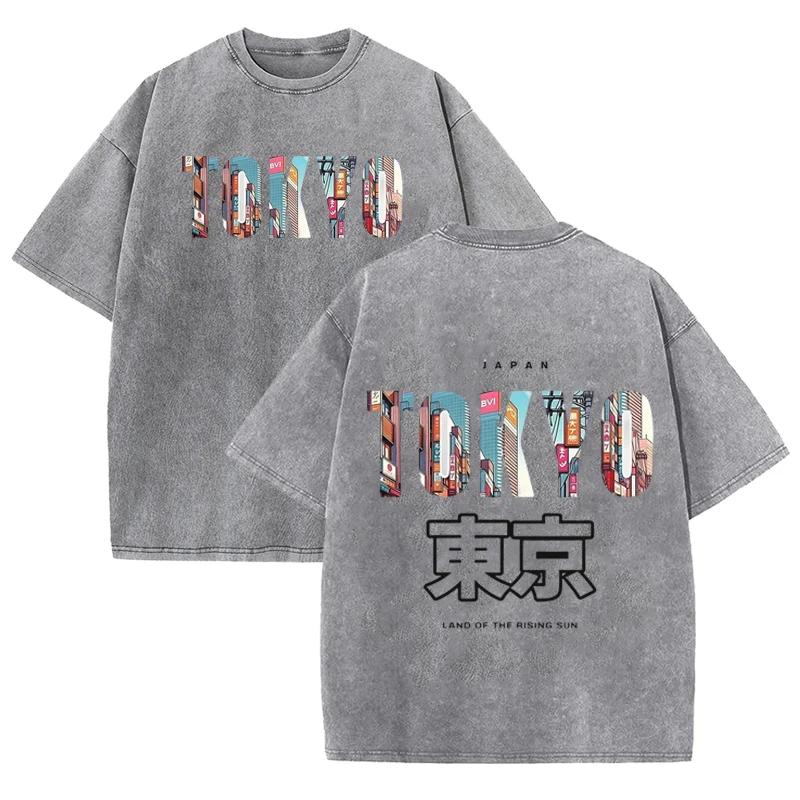 Retro Tokyo Cityscape T Shirt Men Women Casual Washed Cotton Short Sleeve Top