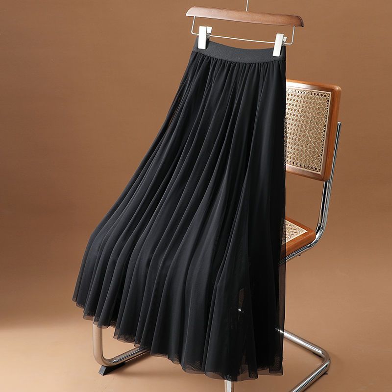 Elegant Women Tulle Skirt Korean Fashion Mesh White A Line Ladies Pleated Skirt Summer Chic High Waist Black Party