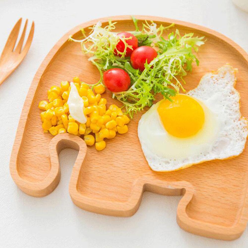 Cute Elephant Shape Wooden Kid Plate Divided Dish Animal Serving Tray for Home Kitchen Decoration