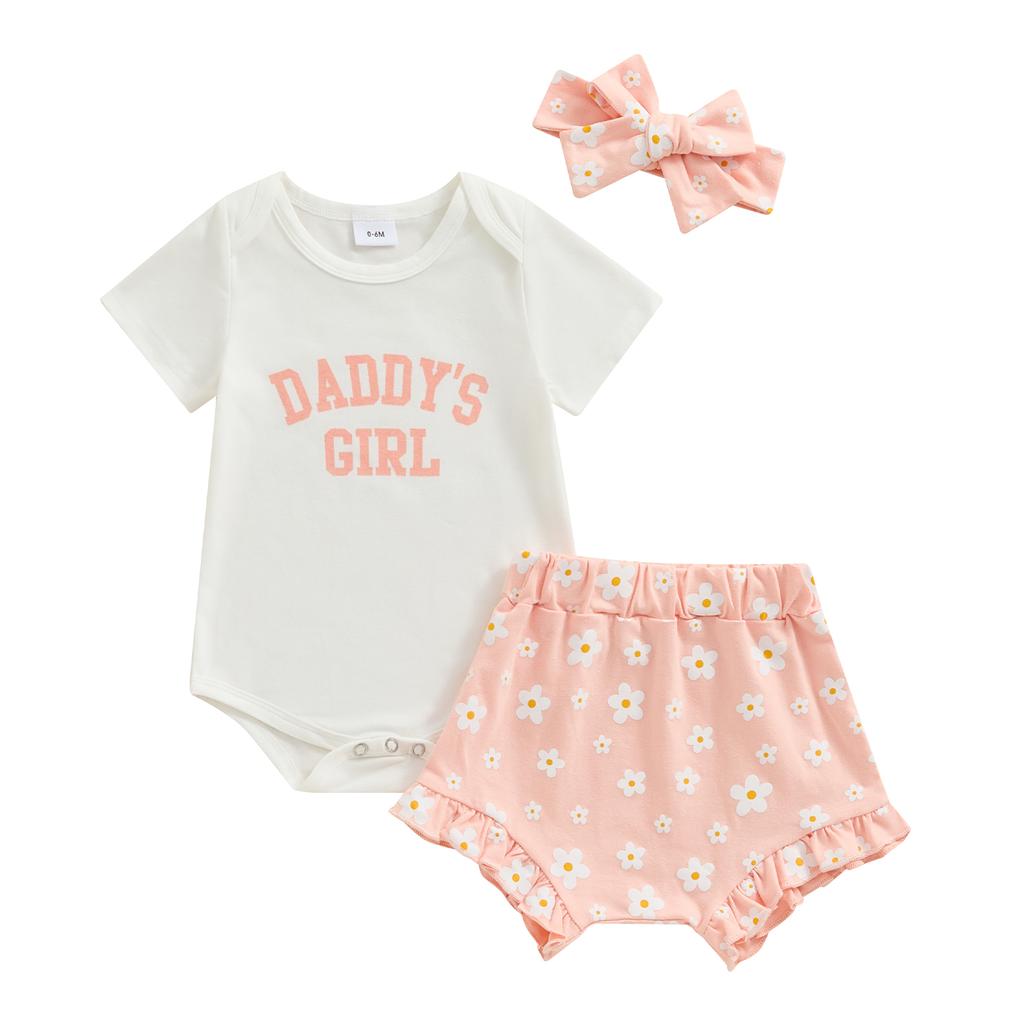 Baby Girls 3Pcs Summer Outfit Short Sleeve Romper + Floral Shorts + Hairband Set Newborn Clothes