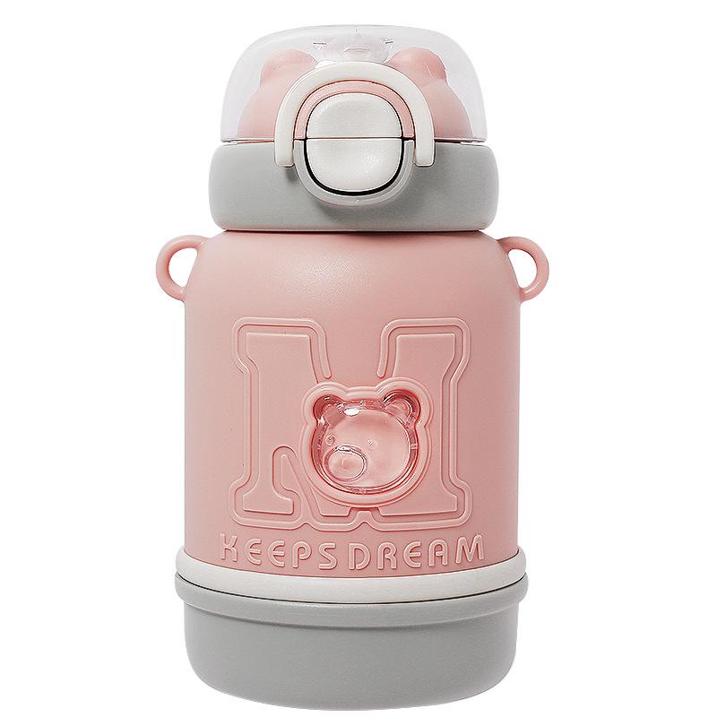 480ml Cute Bear 304 Stainless Steel Kids Thermos Bottle, Kawaii Vacuum Water Cup with Straw and Strap for School
