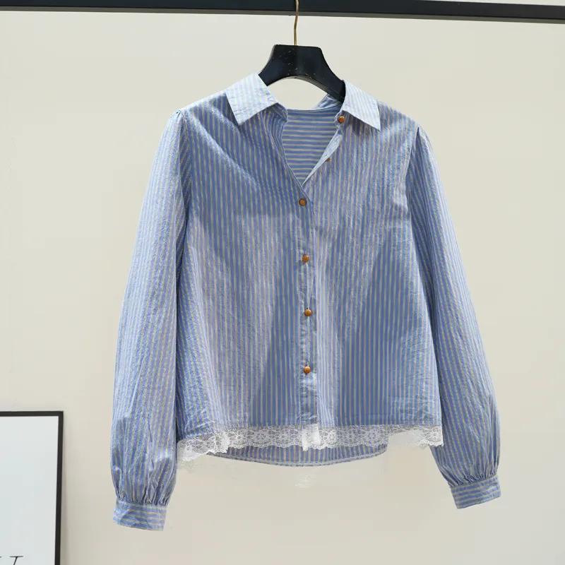 

Women s Striped Button-Down Blouse Casual Loose Long Sleeve Shirt with Lace Hem L синій