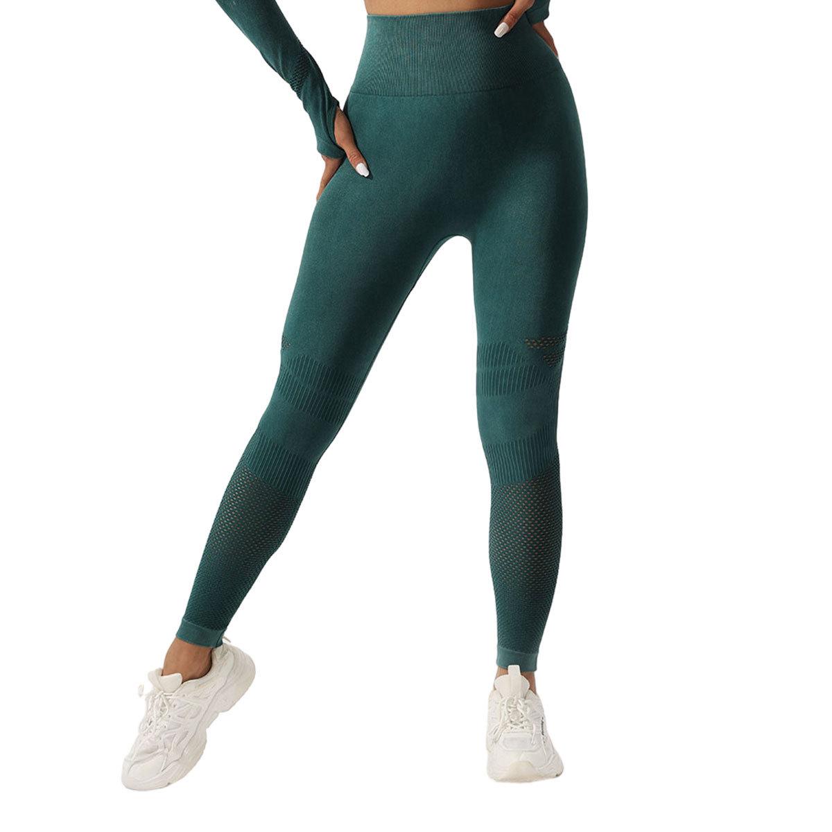 

High Waist Peach Butt Lift Seamless Yoga Leggings - Washed, Sanded & Hollow Out Design Large темно-зелений колір