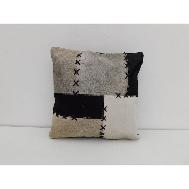 

Exotic Cowhide Pillow Cover: Black and White Leather Cushion Gift For Her Him Birthday Anniversary 14 x 14 in