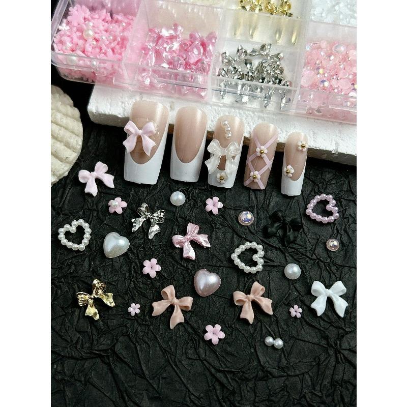12-Compartment Box Mixed Resin Simulation Pearl Bow, Heart, Mini Floral Decor For Diy Nail Art Accessories, Nail Supplies Nail Charms