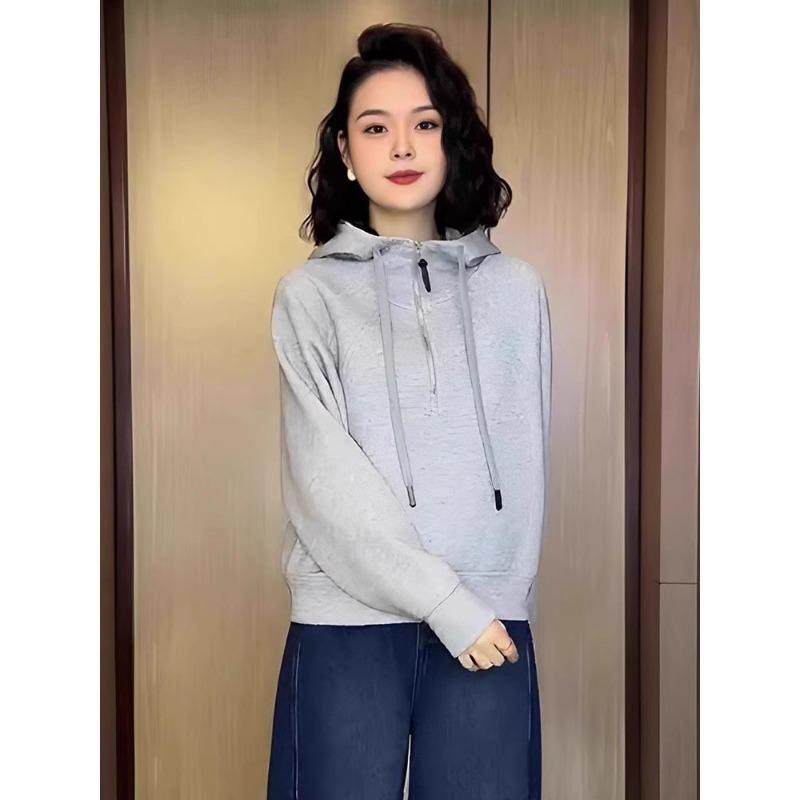 Women S Gray Half Zip Hooded Fleece Sweatshirt Loose Casual Short Top