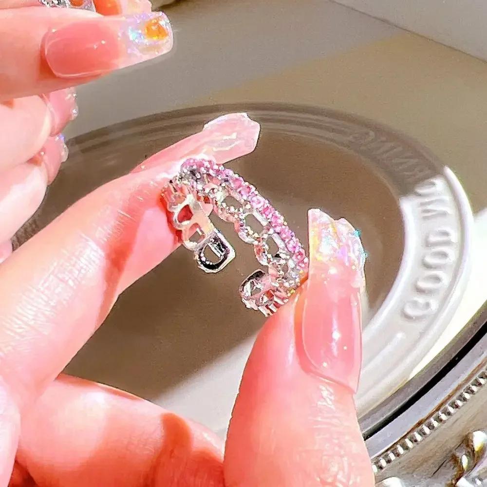 Adjustable Crystal Rings Y2K Pink Irregular Geometry Vintage Bowknot Heart Ring Set for Women Girl 2023 New Fashion Jewelry Gift