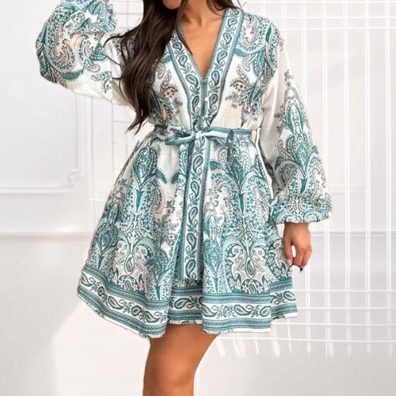 Damen Retro Nationalstil Laternenärmel V-Ausschnitt Print Kurzes Kleid