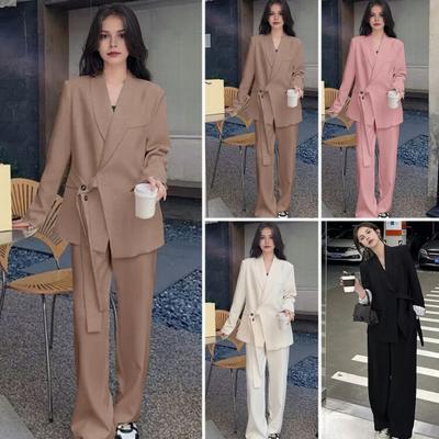 2 τμχ/Σετ Παντελόνι Επίσημο Γυναικείο Σετ Μακρυμάνικο Κλείσιμο με λουράκι με κουμπιά V λαιμόκοψη Ζακέτα μεσαίου μήκους ίσιο ψηλόμεσο παντελόνι Επίσημο ντύσιμο