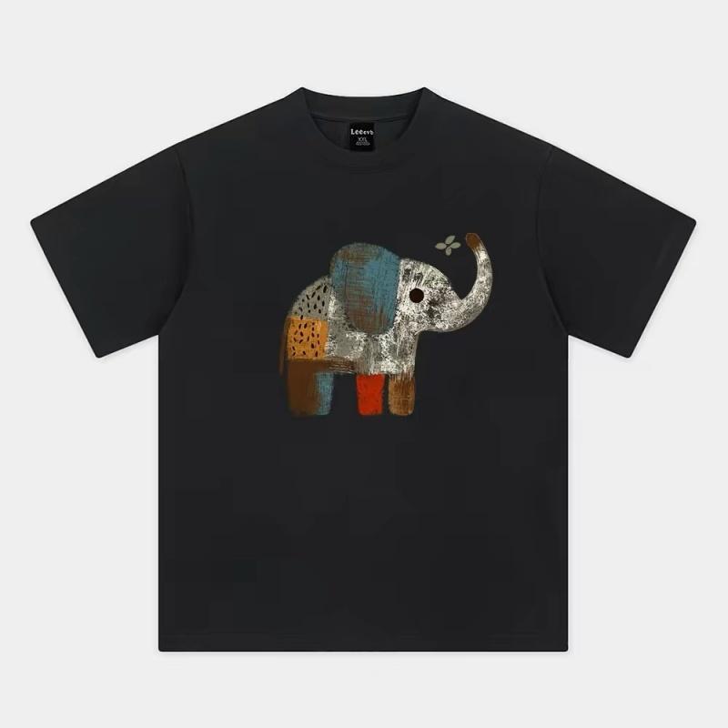 ZAZOMDE Trendy Simple Front Print Tshirt Retro Hand Drawn Color Block Elephant Short Sleeve Loose Unisex Summer Street Tees