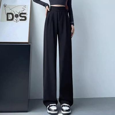 Women Pants High Waist Straight Wide Leg Trousers with Pockets Button Zipper Fly Solid Color Loose Fit Suit Pants Work Wear