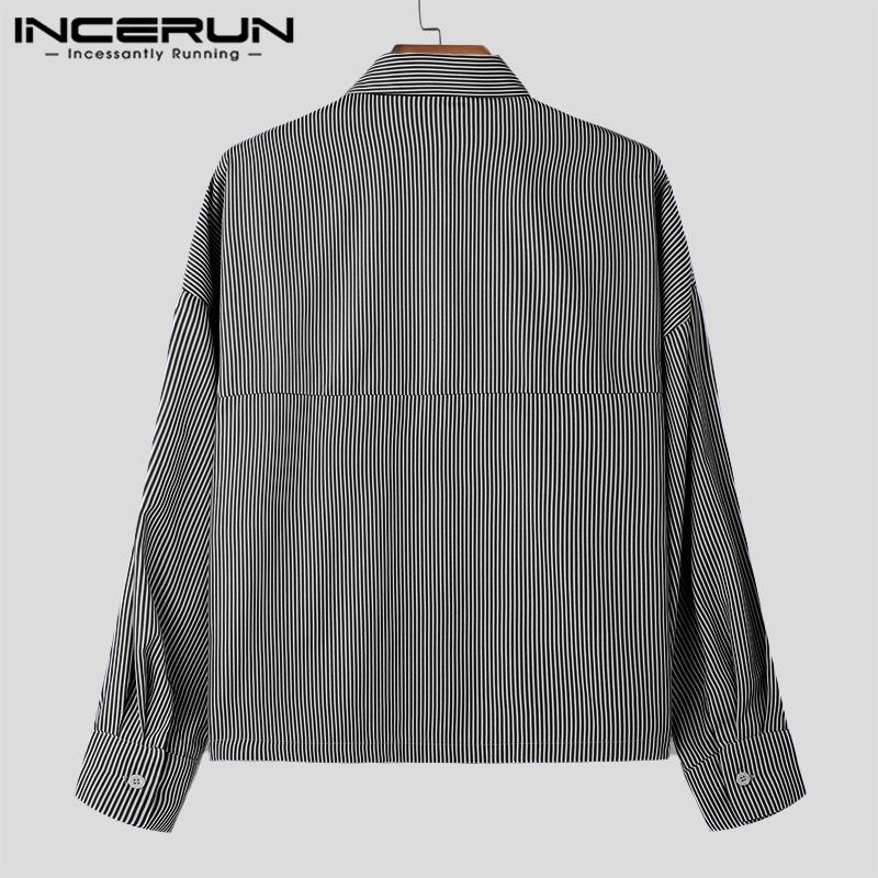 INCERUN Pánské jarní podzimní pruhované košile s dlouhým rukávem ležérní knoflíčky nahoru topy