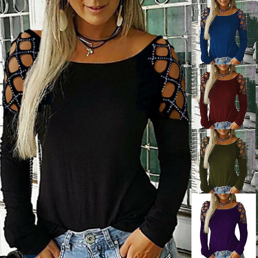 Cotton Long Sleeve T Shirt With Cutout Pattern And Sparkling Details For Women