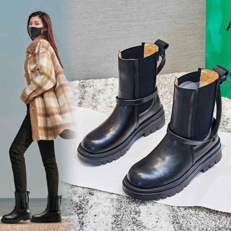 Boots Women's Winter New Leather Cigarette Boots Medium Boots Women's Chelsea Fleece Martin Boots