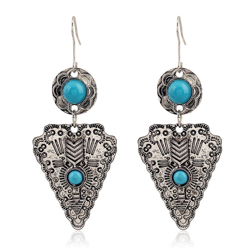 

Vintage Retro Ethnic Triangle Alloy Drop Dangle Women Earrings Tribe Carved Sword Blue Beaded Bohemian Party Zircon Earrings