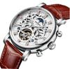 KINYUED Full Hollow Moon Phase Skeleton Watch Men Silver Case Brown Leather Strap Chronograph Waterproof Business Quartz