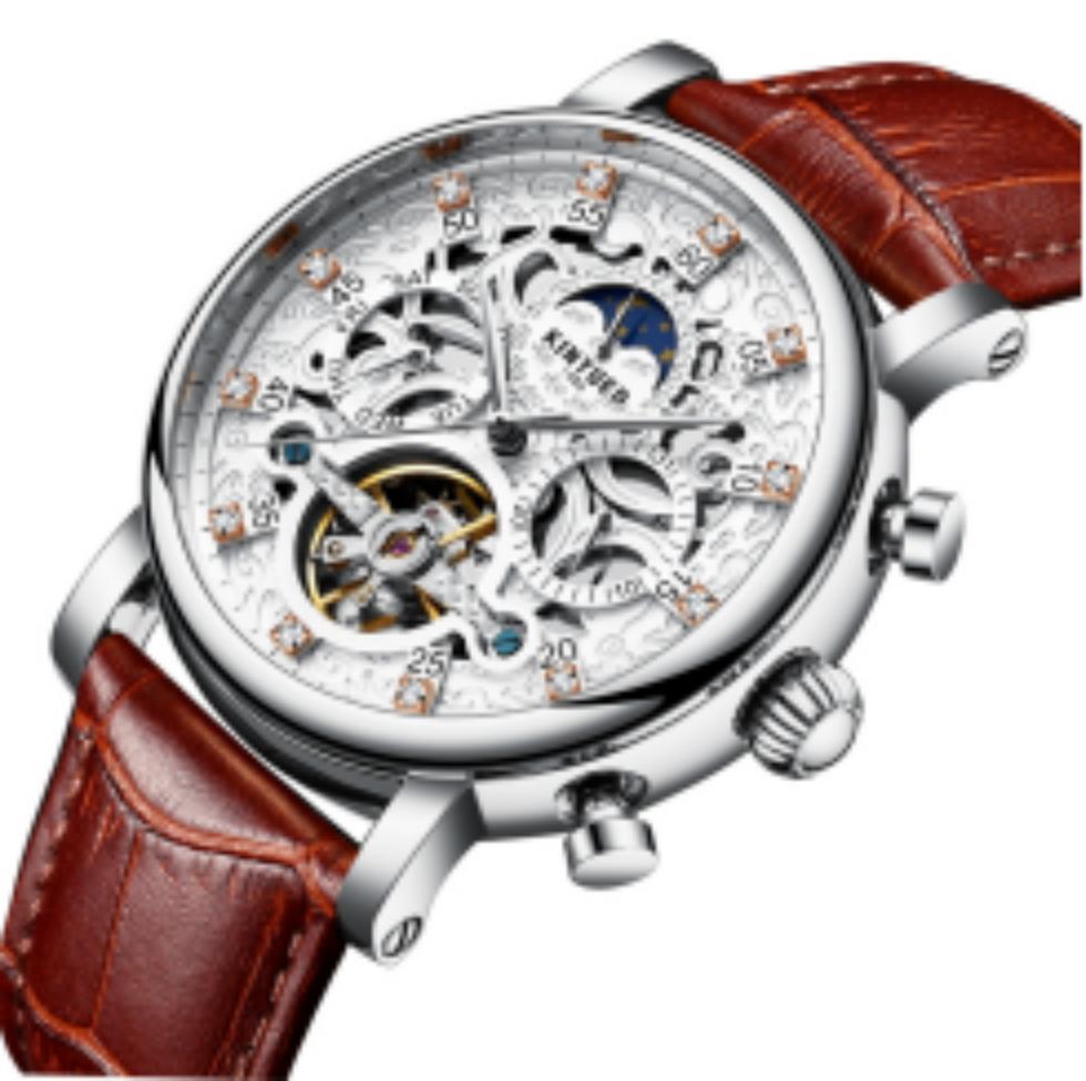 KINYUED Full Hollow Moon Phase Skeleton Watch Men Silver Case Brown Leather Strap Chronograph Waterproof Business Quartz