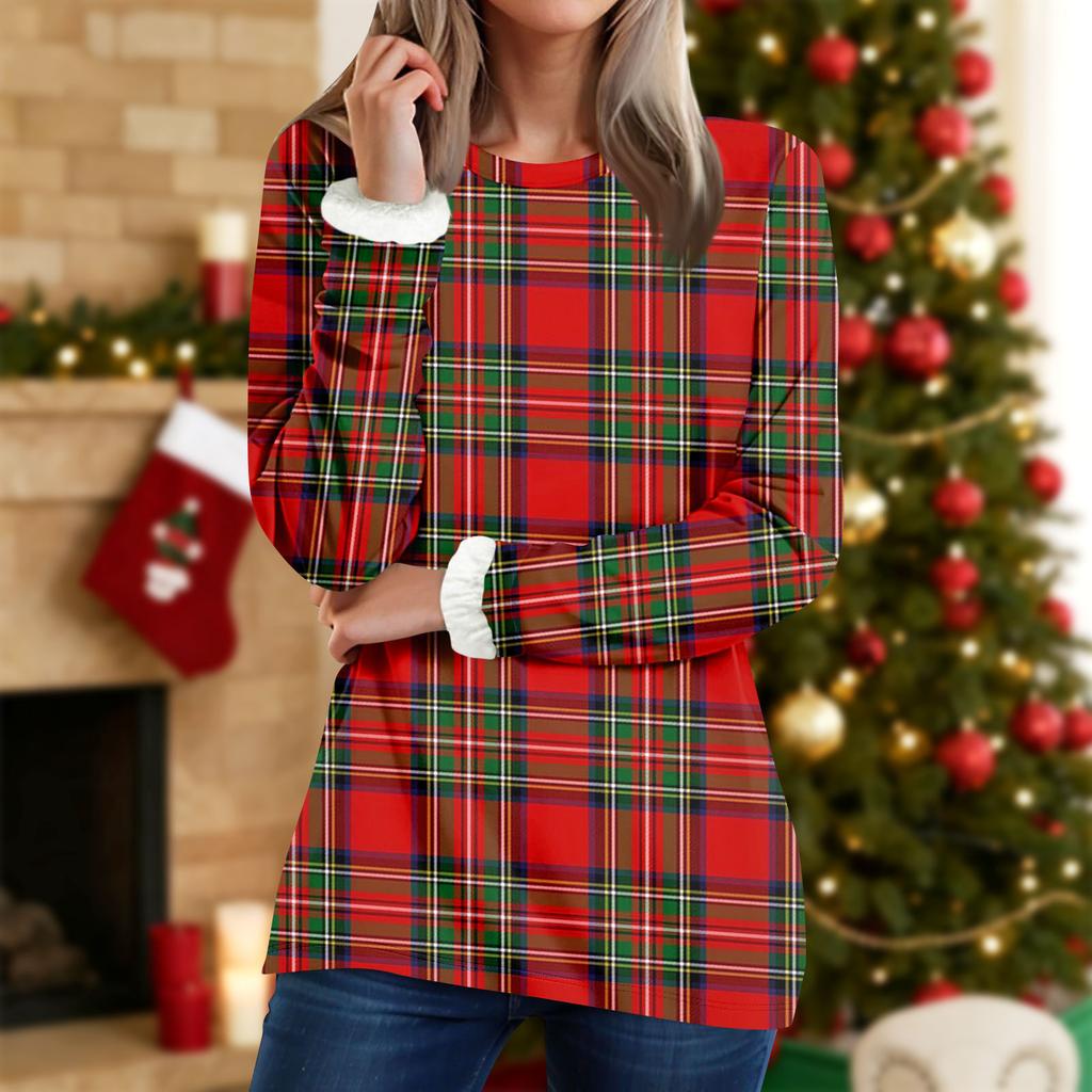 Women's Round Neck Top Printing Thickened Plush Cashmere Warm Long Top