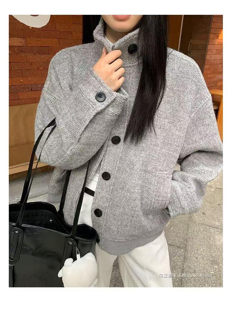 American Retro Gray Wool Blend Stand Collar Jacket - Women's Casual Autumn/Winter Top