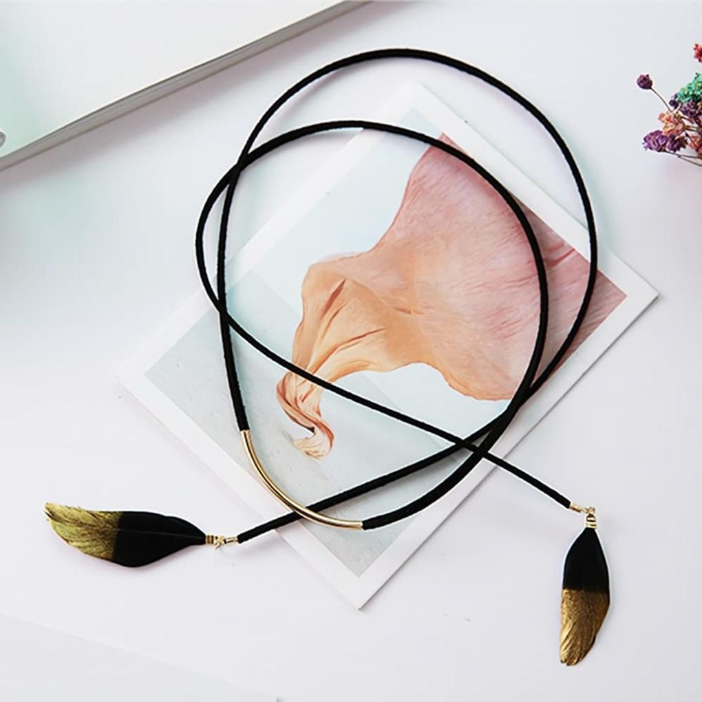 

Women s long necklace with layered color-block feather accents black