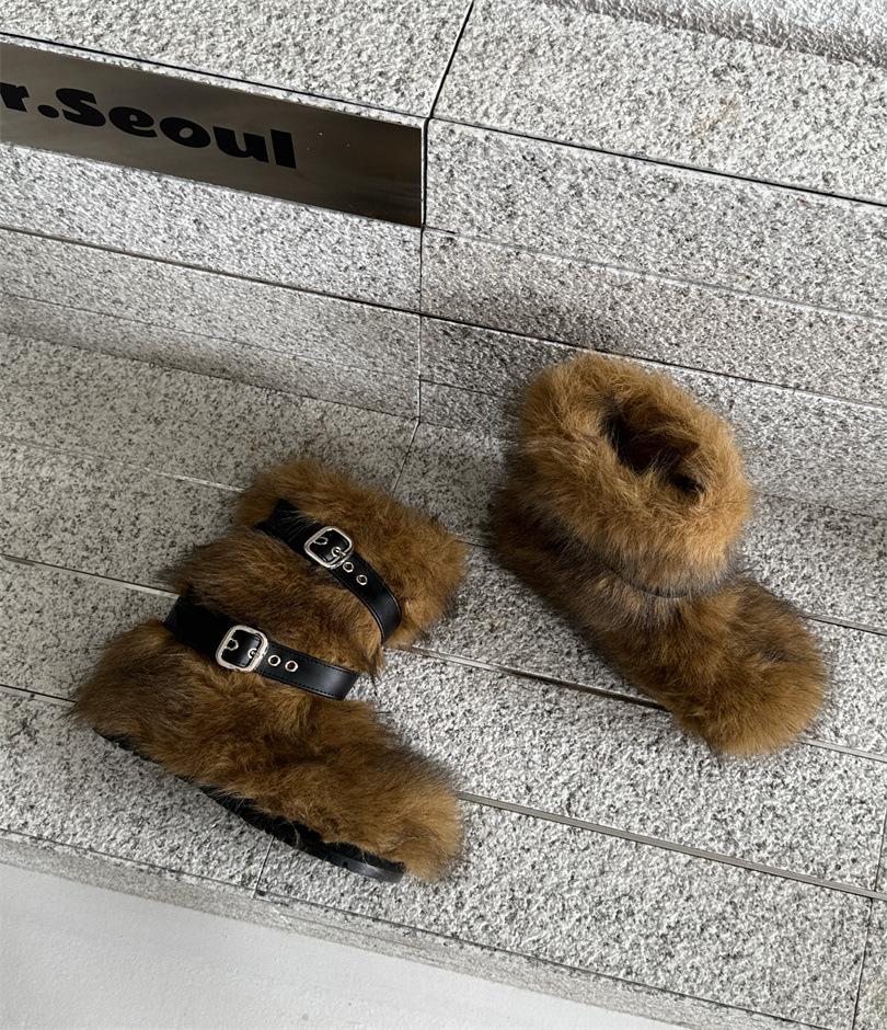 Fluffy snow boots winter women's 2025 new high-end thick-soled non-slip fluffy cotton shoes medium boots