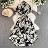 Women's Polo Neck Short Sleeve Geometric Print Maxi Shirt Dress High Waist Casual Dress
