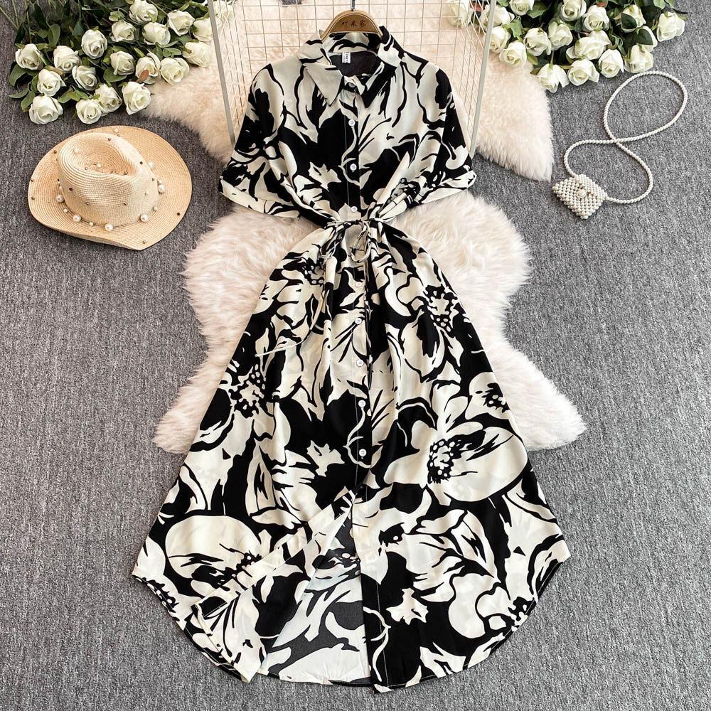 Women's Polo Neck Short Sleeve Geometric Print Maxi Shirt Dress High Waist Casual Dress