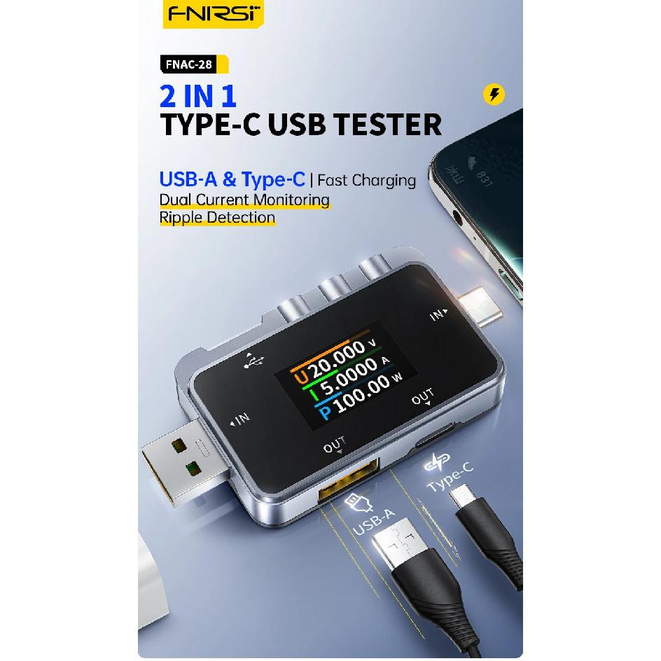 FNIRSI FNAC-28 2 IN 1 Type-C USB Tester Digital Voltmeter Ammeter Amperimetor Voltage Current Meter Power Bank Charger Measure