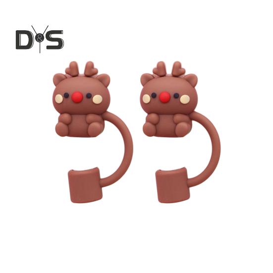 2 szt. Świąteczna silikonowa nakładka na słomkę 10 mm wielokrotnego użytku odporna na kurz nakładka na kubek dekoracja na imprezę Święty Mikołaj bałwan łoś dzwonki choinkowe końcówki słomkowe