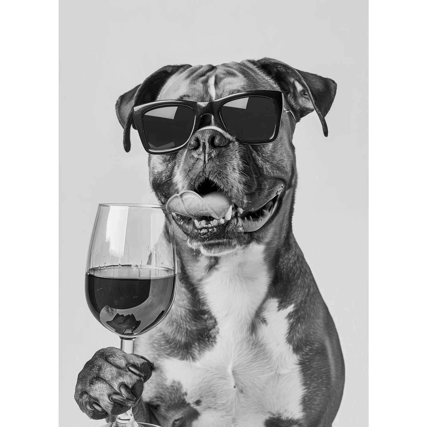 

Black and White Funny Animal Poster Drinking Dog and Wine Glasses Canvas Painting Pet Wall Art Kitchen Room Home Decor Mural 30x45cm No Frame