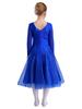 Kids Girls Lyrical Dance Ballroom Dancing Waltz Performance Costume Sheer Mesh Long Sleeve Rhinestone Flared Dresses Dancewear
