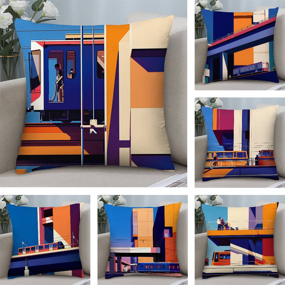 Color Block Train Minimalist Style Pillow Case Short plush Double-sided Print Square Throw Pillow Covers Sofa Home Cushion Decor