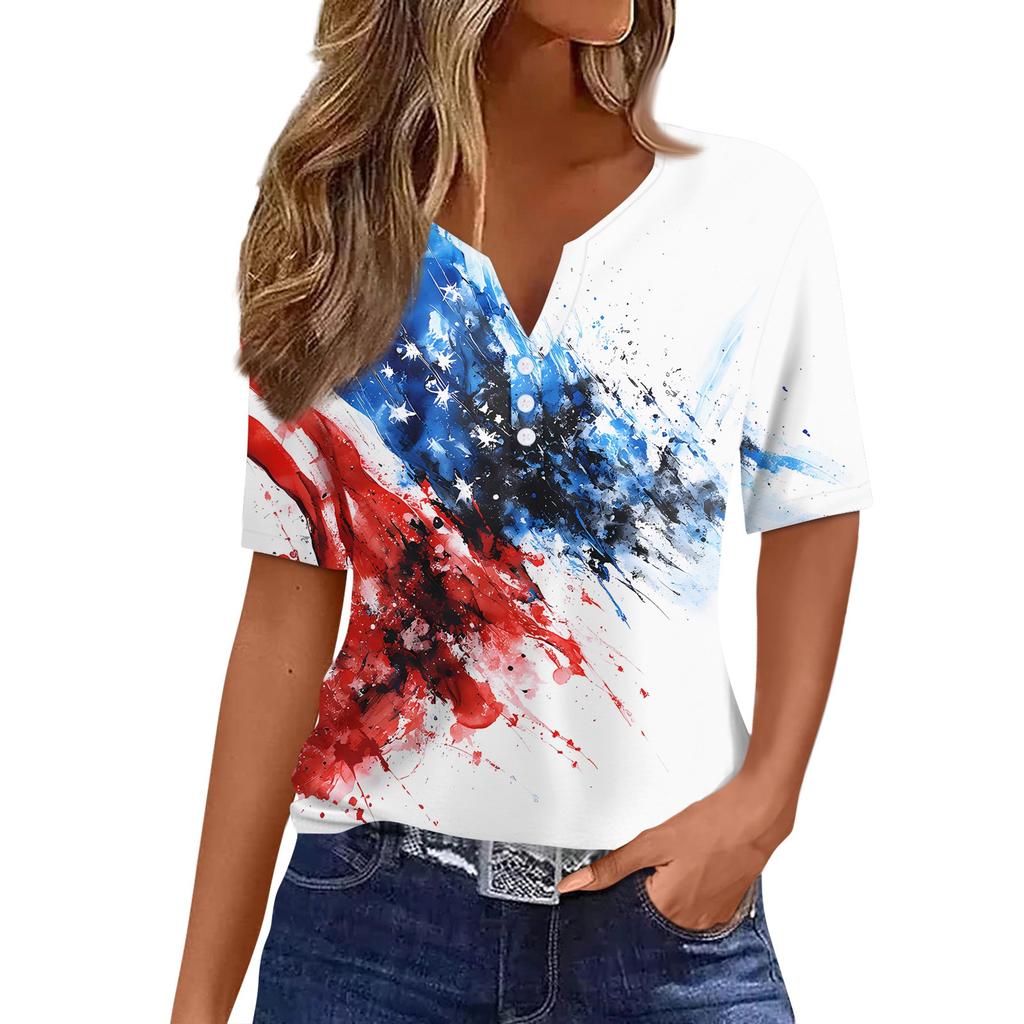 Women's T Shirt Independence Day Print Button Short Sleeve Daily Weekend Fashion Basic V- Neck Regular Top
