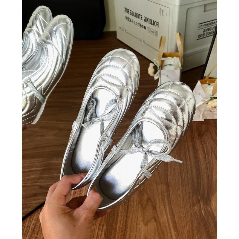 

2025 summer new Korean version versatile ballet flats quilted lace-up casual silver round head light mouth single shoes women 40 серебряный