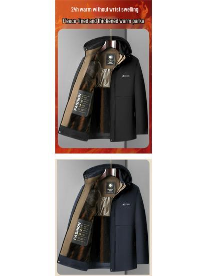 Winterjacke aus Baumwolle für Herren: Dicke, warme, kältebeständige Oberbekleidung mit abnehmbarer Kapuze, perfekt für die Garderobe von Männern mittleren Alters und Vätern.