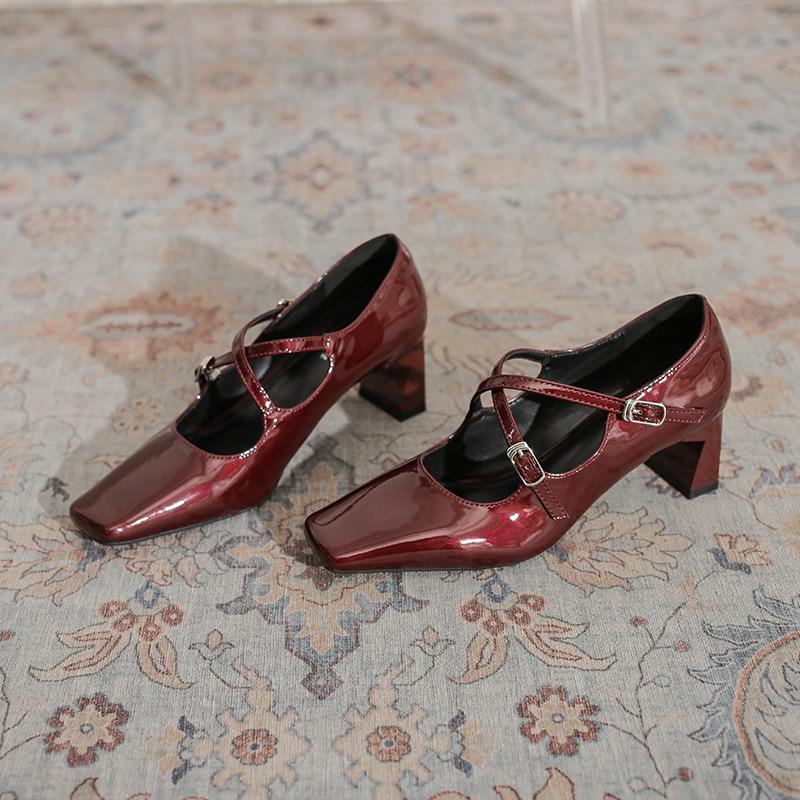 Cross-buckle Spring New Mary Jane Women's Shoes Square Head Retro Silver Thick Heel Light Mouth Versatile Single Shoes